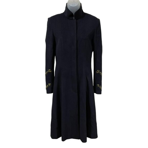 Shanghai Tang Womens Embellished Wool Coat with Leather Trim Black Size 4 - Picture 1 of 11